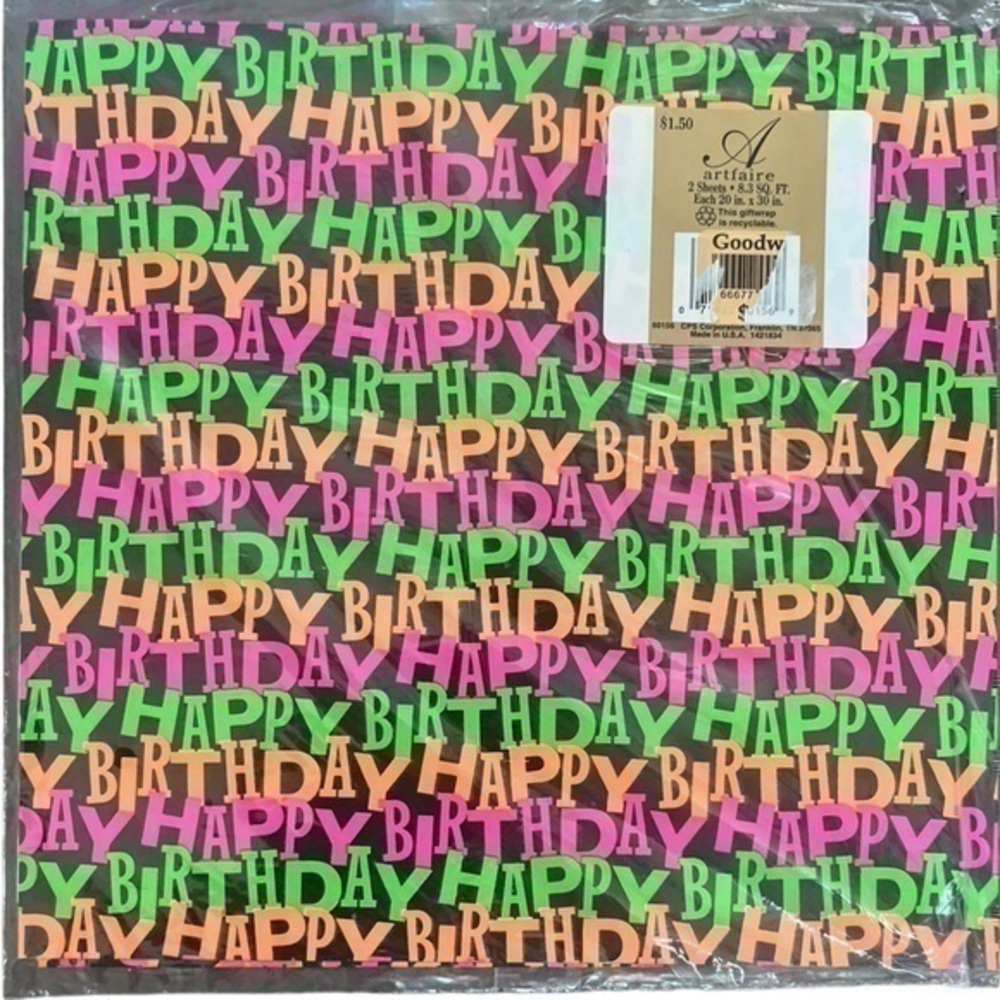 New Neon Happy Birthday Gift Wrap Sealed 80s Pop Art Rare Colorful Text Artfaire